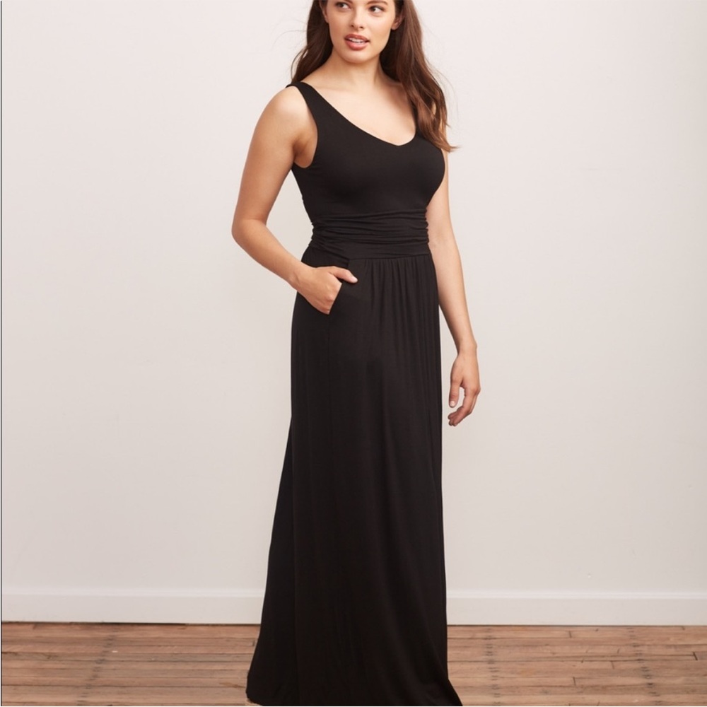 Brass the tank maxi dress sleeveless black jersey stretch pockets small - Picture 5 of 15